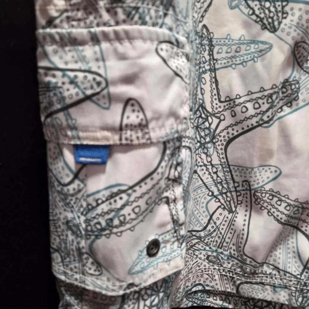 J. Crew Mens 33 Y2K Cargo Starfish Octopus Board Shorts Swim Trunks White Blue